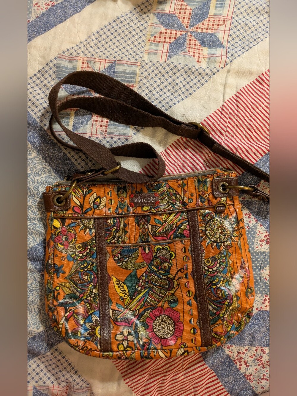 Sakroots Orange Multicolor Floral & Bird Crossbody Bag
